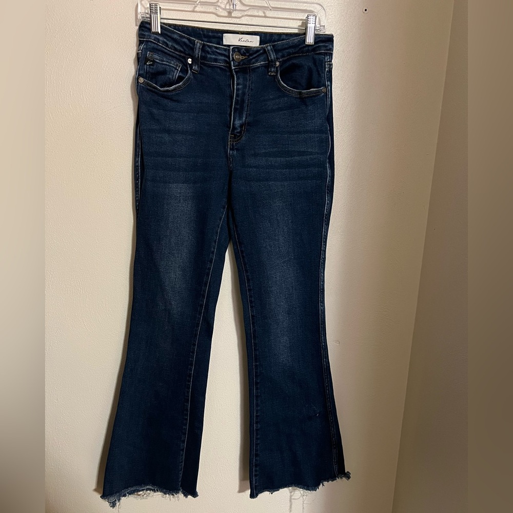 KANCAN Classic Flare Leg‎ Raw Hem Denim Jeans Dark Wash Junior's Size 9/28 Waist